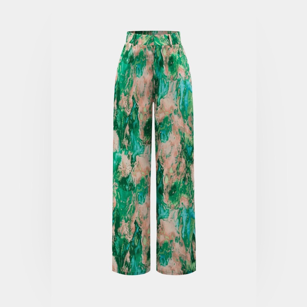 044. Micas Marble Print High Waisted Full-length Straight Leg Pants S
